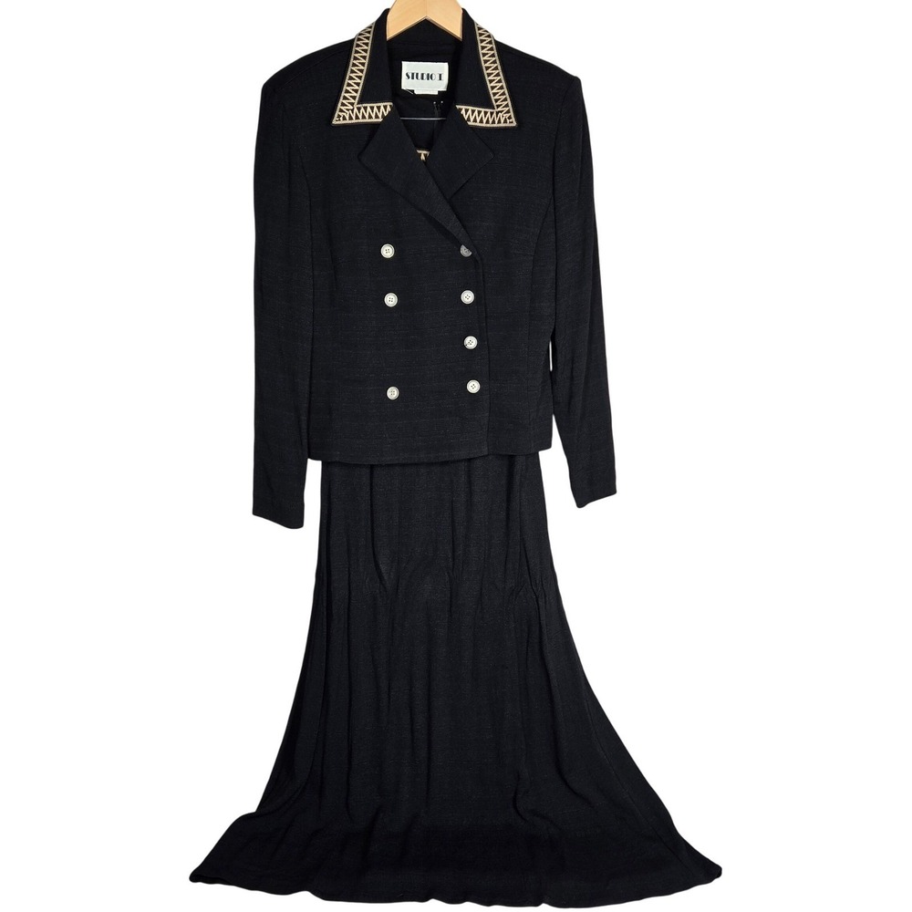 Studio I Womens Skirt Suit Set Size 12 Black Blazer Dress 2 PC Career Vintage